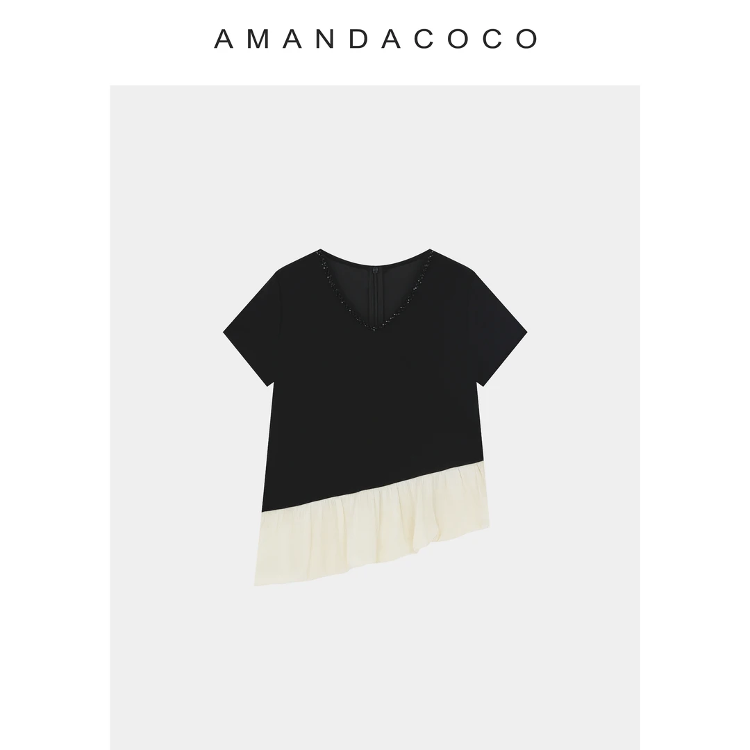 露露#优雅入夏～夏季薄款串珠v领荷叶边拼接法式短袖上衣