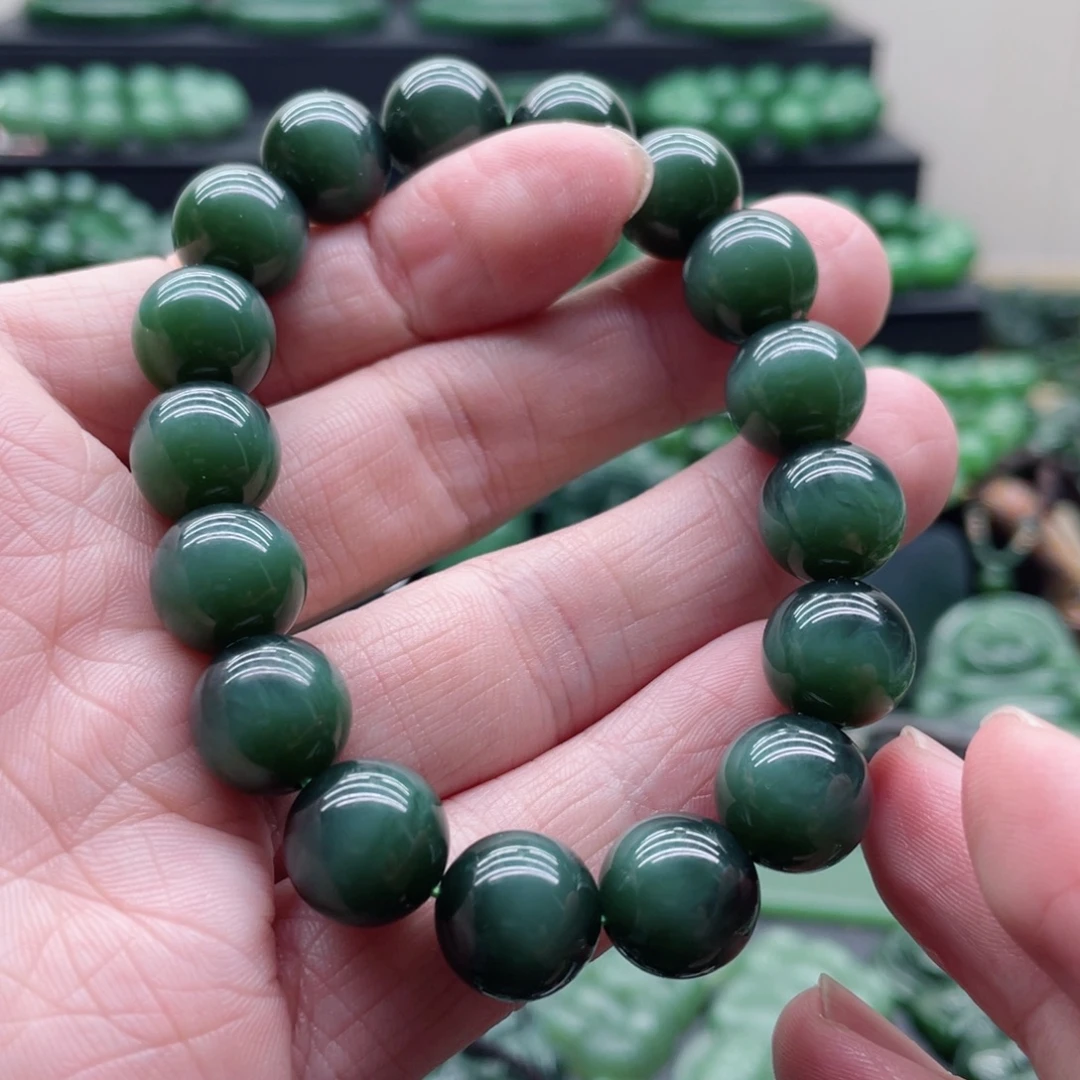 和田玉（碧玉）未镶嵌手链12mm黑猫闪电猫