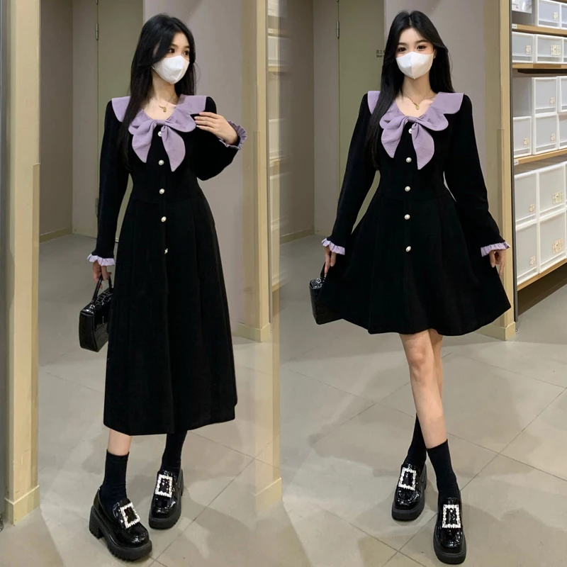 大码名媛风甜美蝴蝶结长袖连衣裙女秋冬胖mm减龄收腰藏肉漂亮长裙