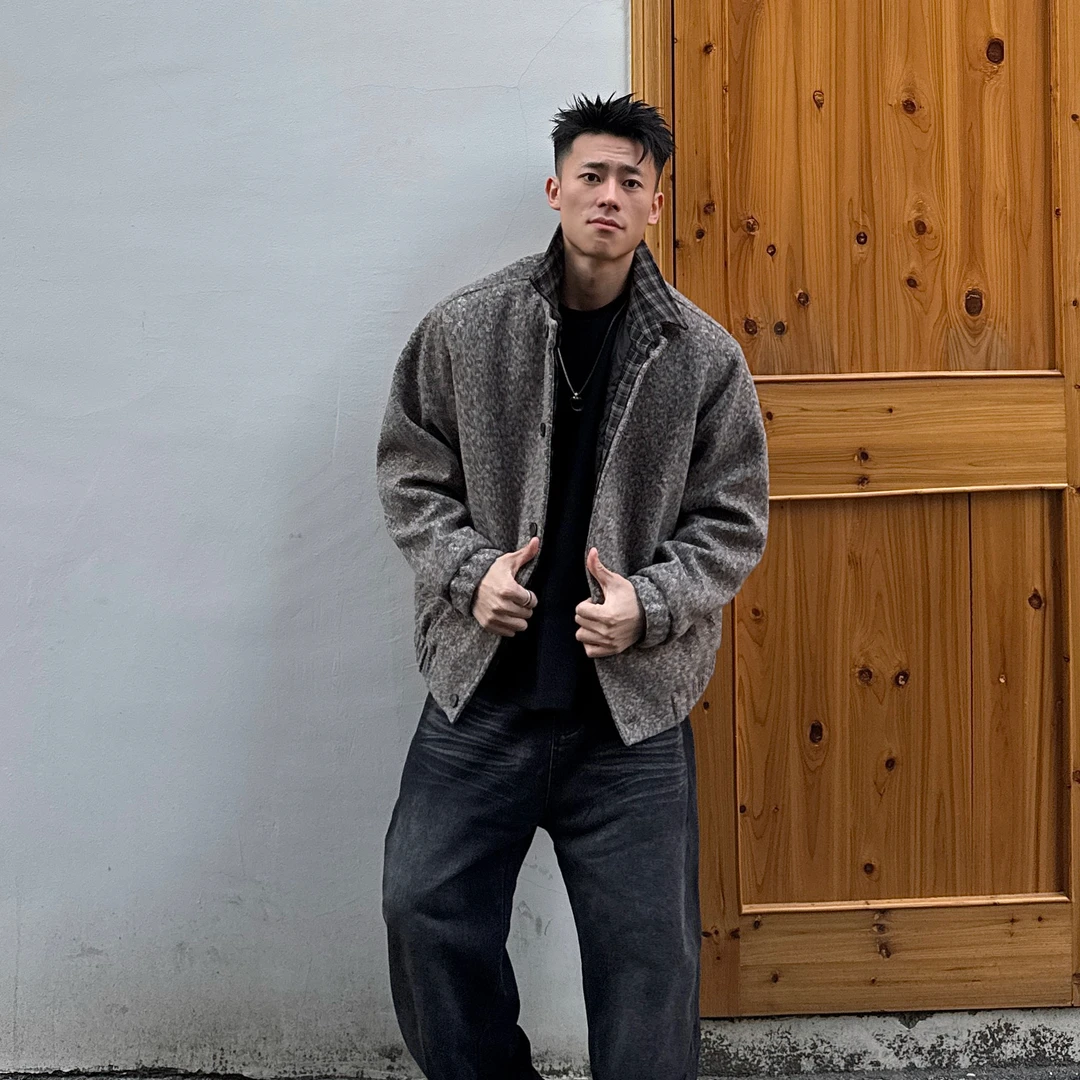 AAl2025冬季90棉羊毛毛呢假两件拼接翻领衬衫保暖御寒白鸭羽绒服