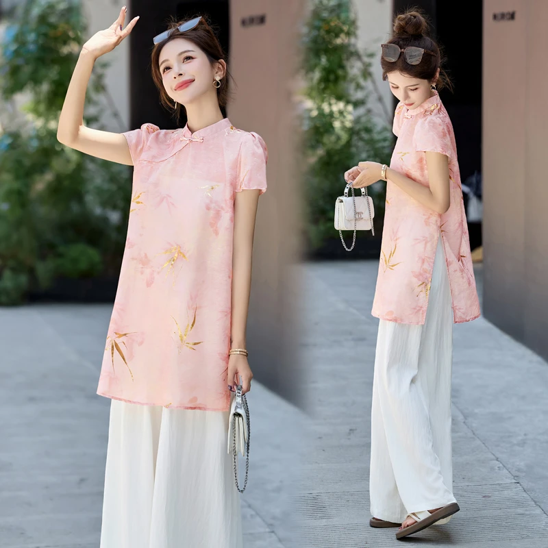 新中式国风两件套装连衣裙女夏季新款高级感气质显瘦轻薄旗袍女