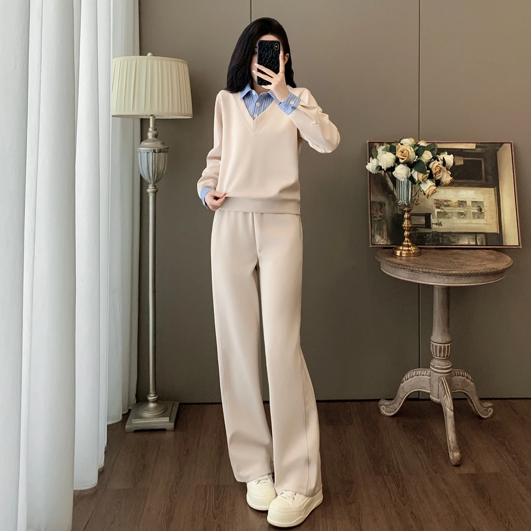 巨好看高级感休闲运动套装女秋季超火气质假两件衬衫领卫衣阔腿裤