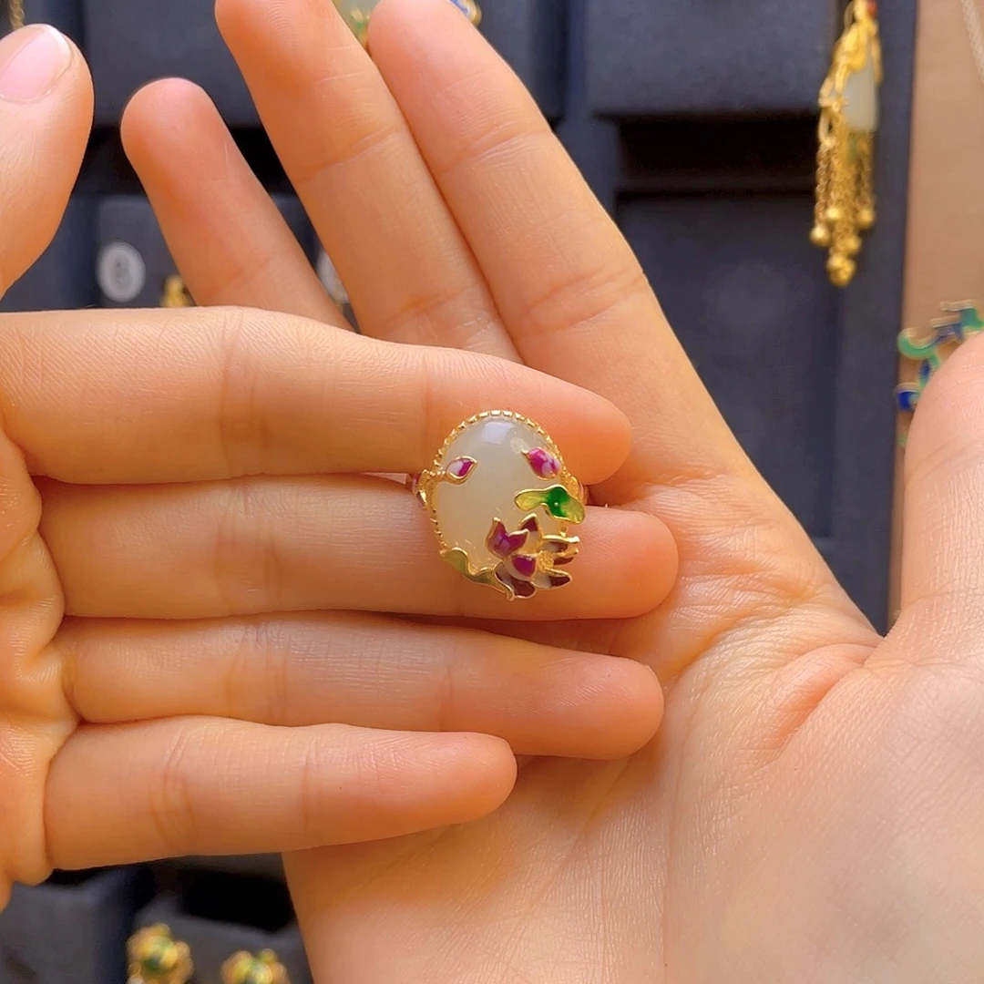 和田玉戒指银S925镀金镶嵌