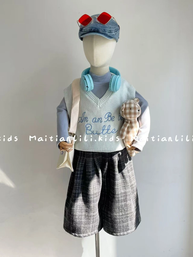 麦田里里.25冬新款童装男女童格子加绒长裤儿童一体绒毛呢阔腿裤