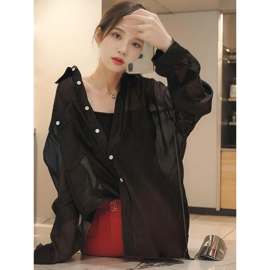 潮走衬衣折扣女装冰丝薄款上衣防晒衣外套透视长袖衬衫外穿披肩空