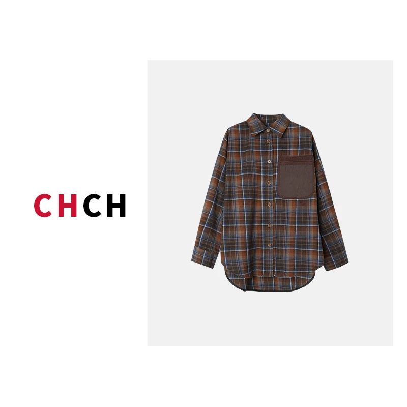 JY3CSD123585绣花数字港风复古春季新款百搭格子衬衫女