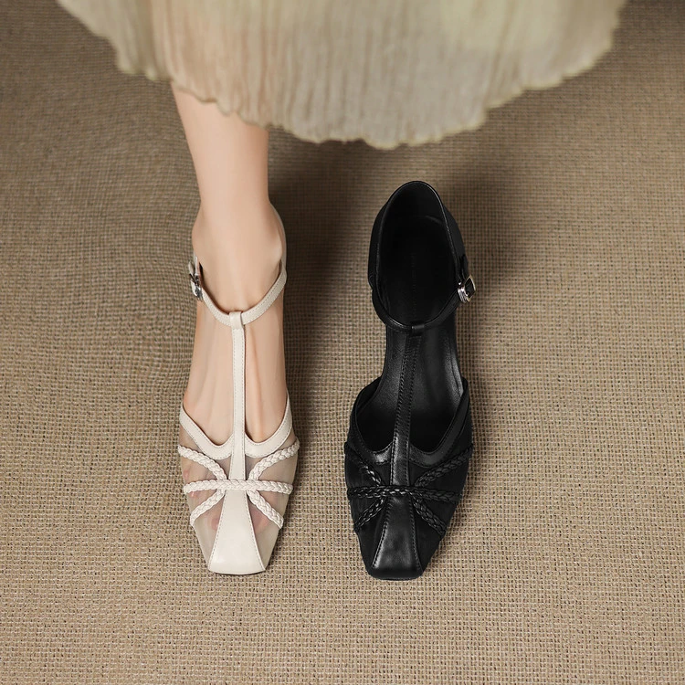 3.5cm网纱镂空方头粗跟凉鞋夏新款时尚包头浅口一字带中空单鞋女