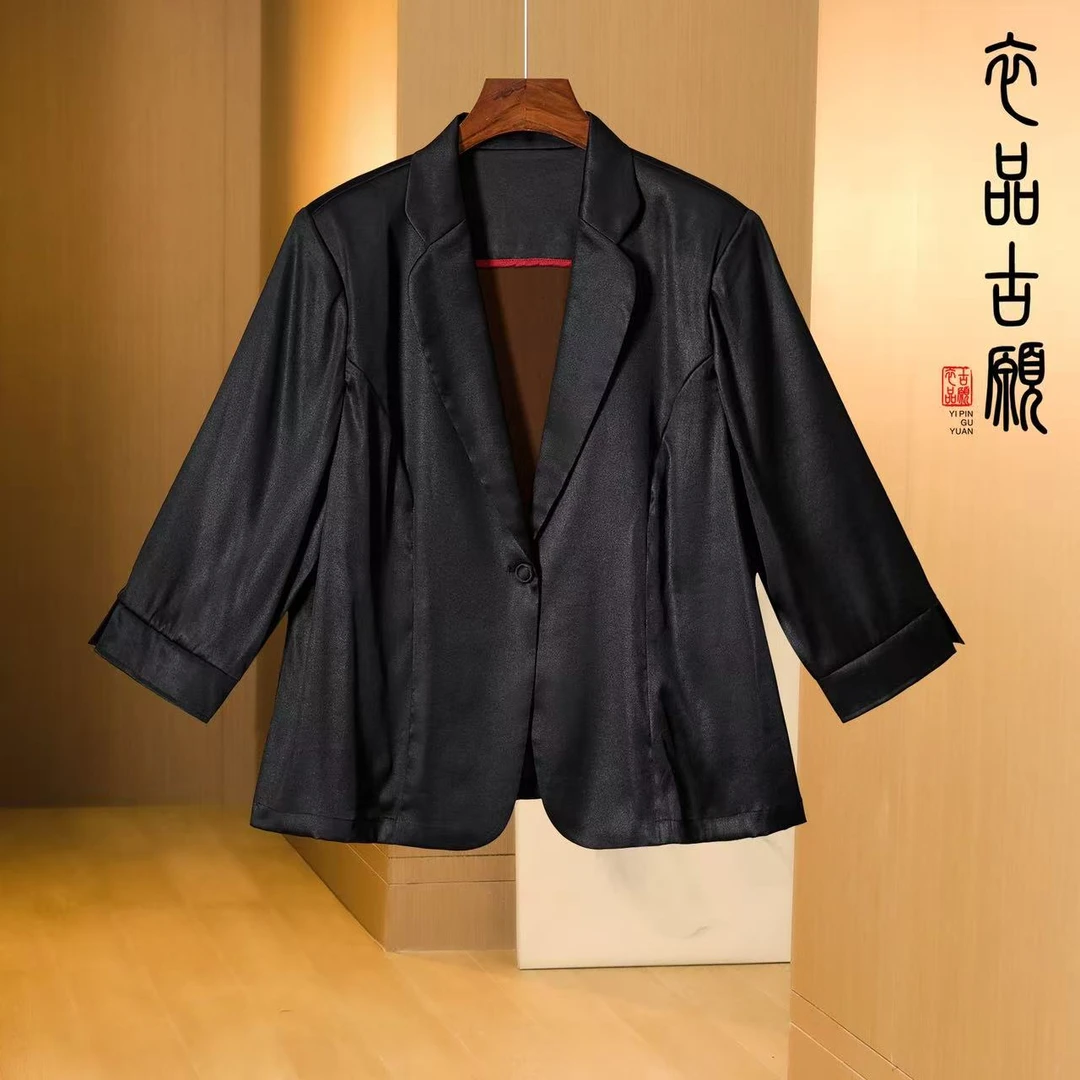 衣品古愿20081香云纱外套国风西服 休闲百搭复古印花女士