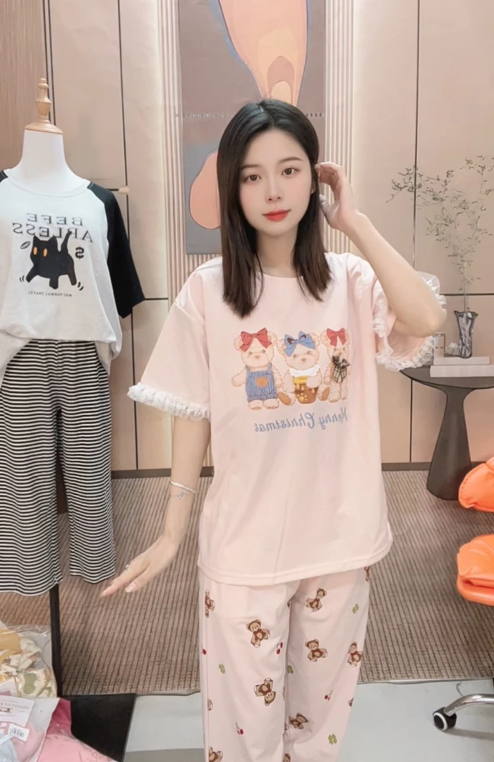 223311/8H2331夏季新款带胸垫睡衣短袖女士睡衣家居服套装HMF
