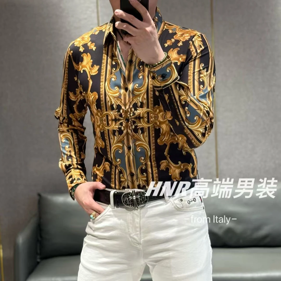 复古宫廷巴洛克风格高弹力莱卡面料奥钻点缀男士长袖衬衫82530