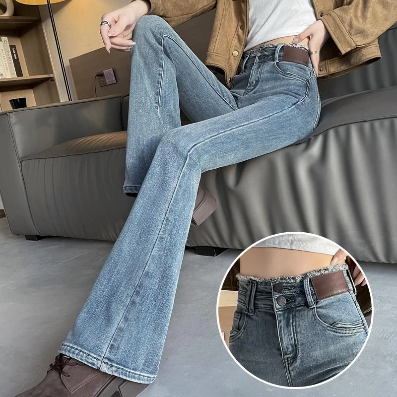 气质高腰微喇牛仔裤女浅蓝色春秋季新款弹力毛边拖地喇叭裤子女士