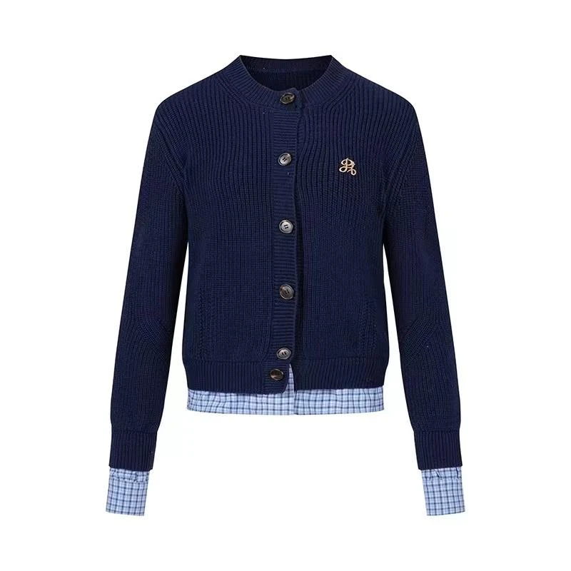 学院风减龄拼接格子下摆百搭上衣外套早秋少女感设计时尚针织开衫