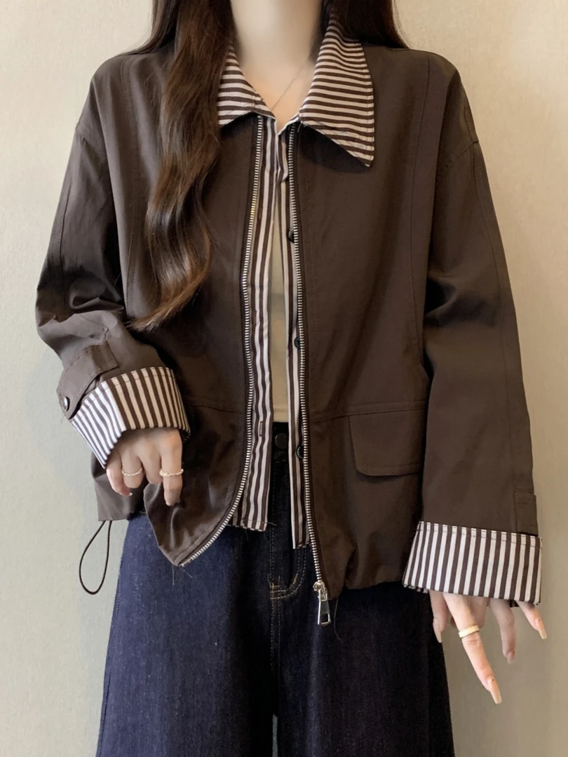 设计感短款夹克开衫外套女款2025秋季大码胖mm假两件条纹拼接上衣