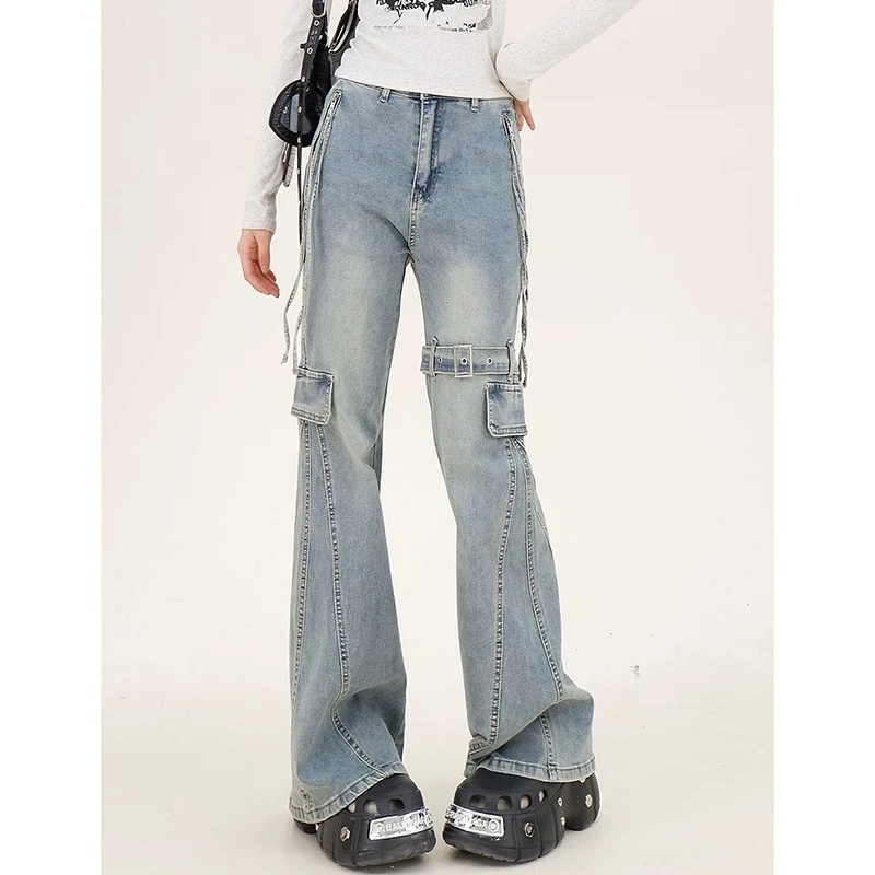 设计感皮带拼接工装微喇牛仔裤女春秋2025新款高腰修身显瘦马蹄裤