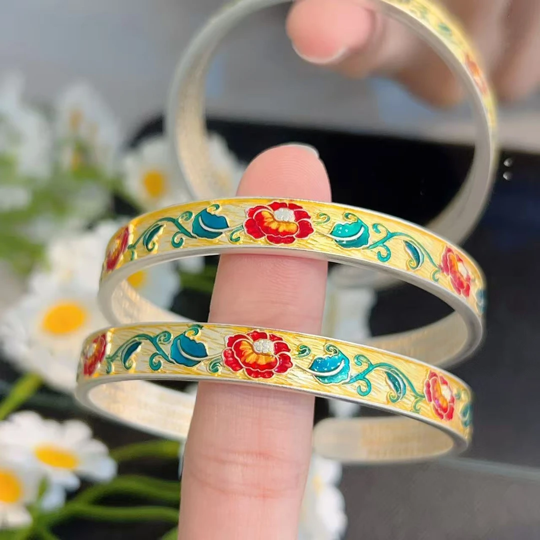 足银手镯 3足银手镯9999纯银烤漆工艺玫瑰花开口镯民族风时尚气质