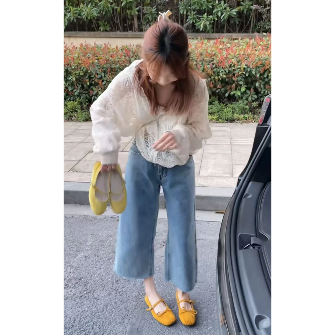 今年流行穿搭一整套2025新款拼接花边镂空设计外套宽松阔腿裤套装