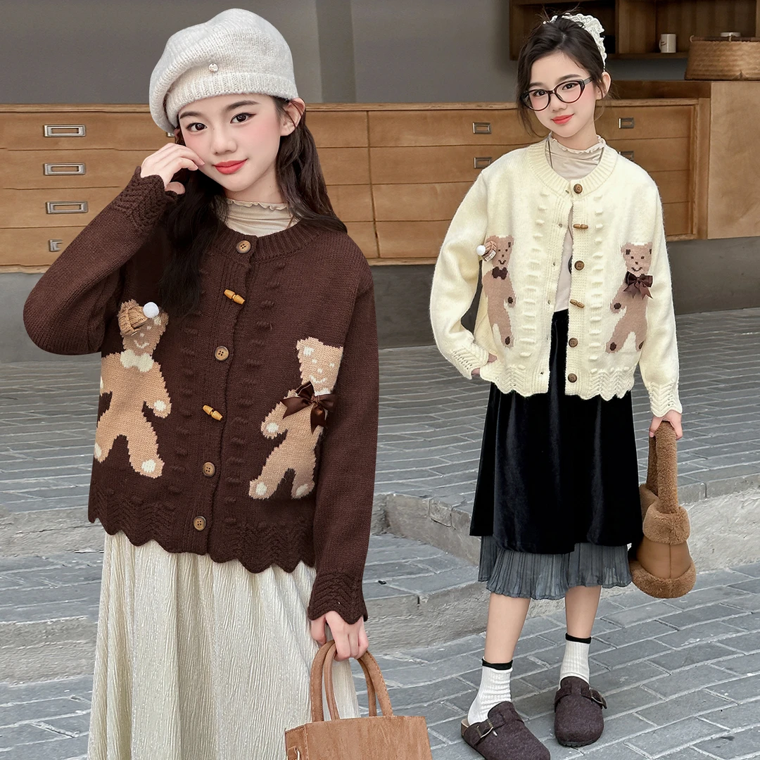 女童秋季新款时尚洋气小熊毛衣开衫110-170（价格已开）