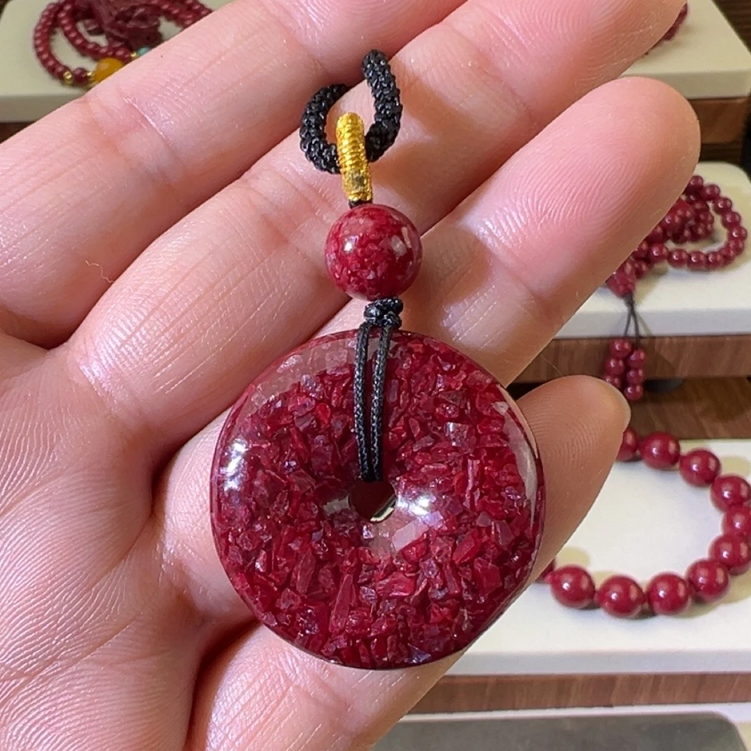 含辰砂工艺品晶体朱砂平安扣吊坠