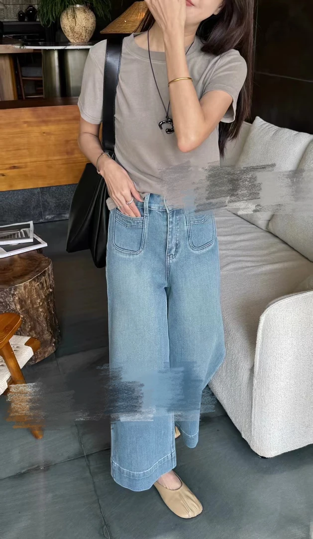 饭饭家 四面弹浅蓝色直筒裤