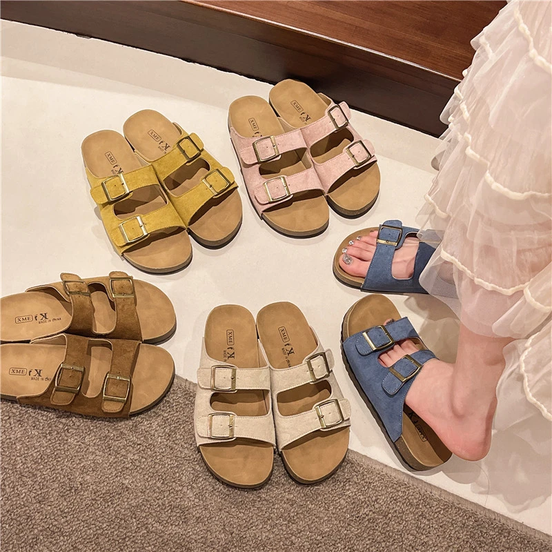 夏季网红新款平底一字带方扣勃肯凉鞋厚底沙滩勃肯凉拖鞋女ins