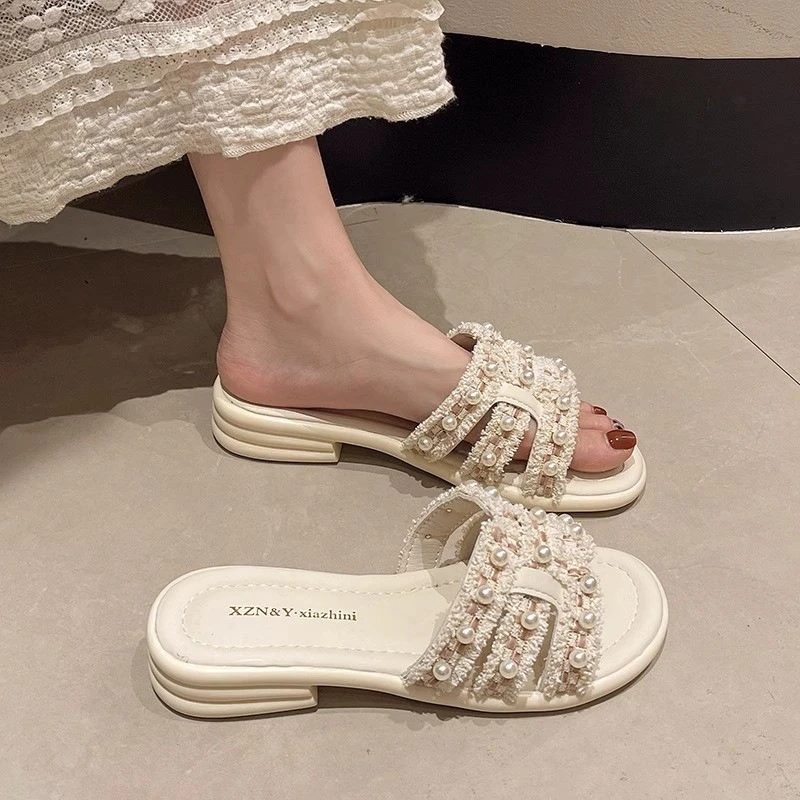 【法式珍珠拖鞋】2025夏季新款小香风女外穿仙女百搭珍珠沙滩凉拖