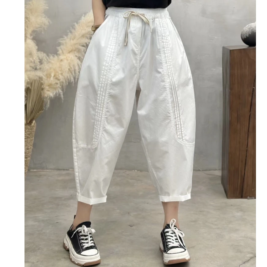 2025年夏季时尚新款设计感休闲百搭显瘦个性松紧腰棉质哈伦裤