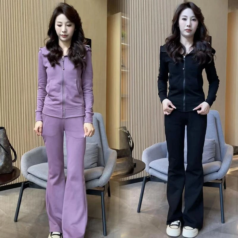 休闲运动套装女2025春季新款洋气显瘦连帽卫衣微喇直筒裤两件套潮