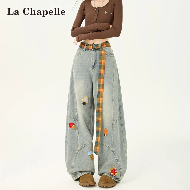拉夏贝尔卡通刺绣弯刀阔腿牛仔裤女春秋季高腰显瘦宽松直筒拖地裤