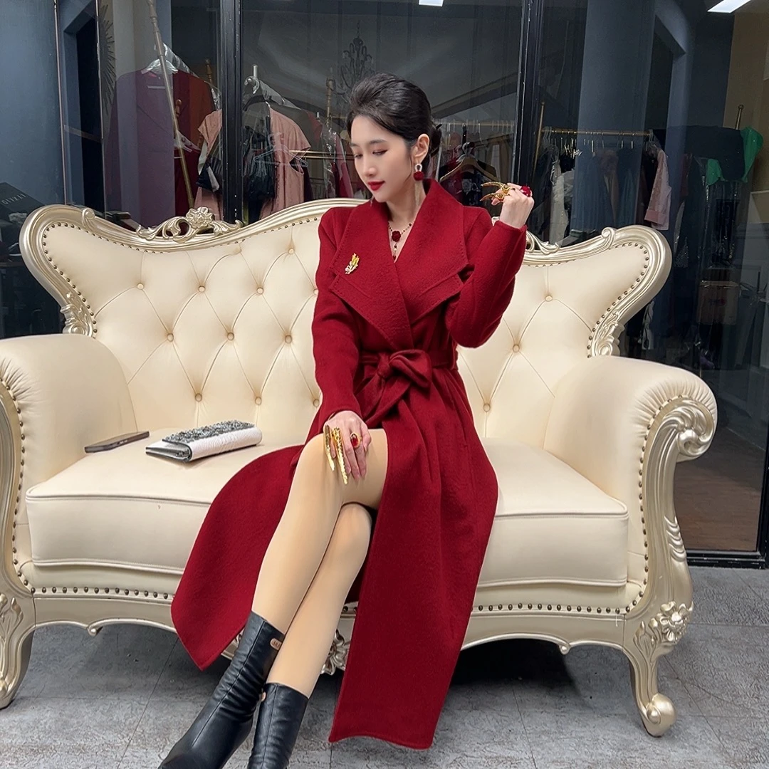牟之恋2026年 软黄金&山羊绒 高级感双面羊毛呢大衣女长款系带968