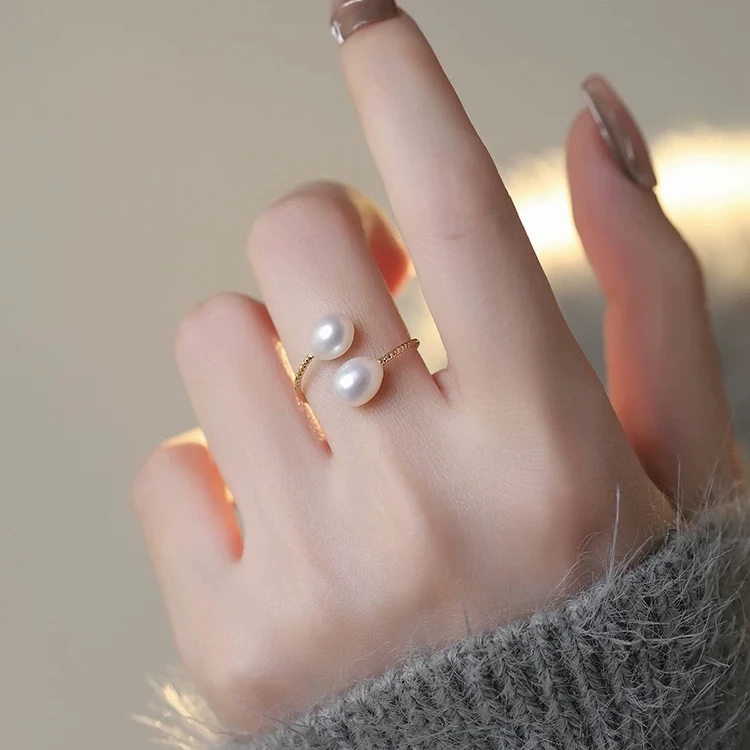铜合金戒指 精品天然戒指温柔风淡水双珠食指戒轻奢简约时尚指环