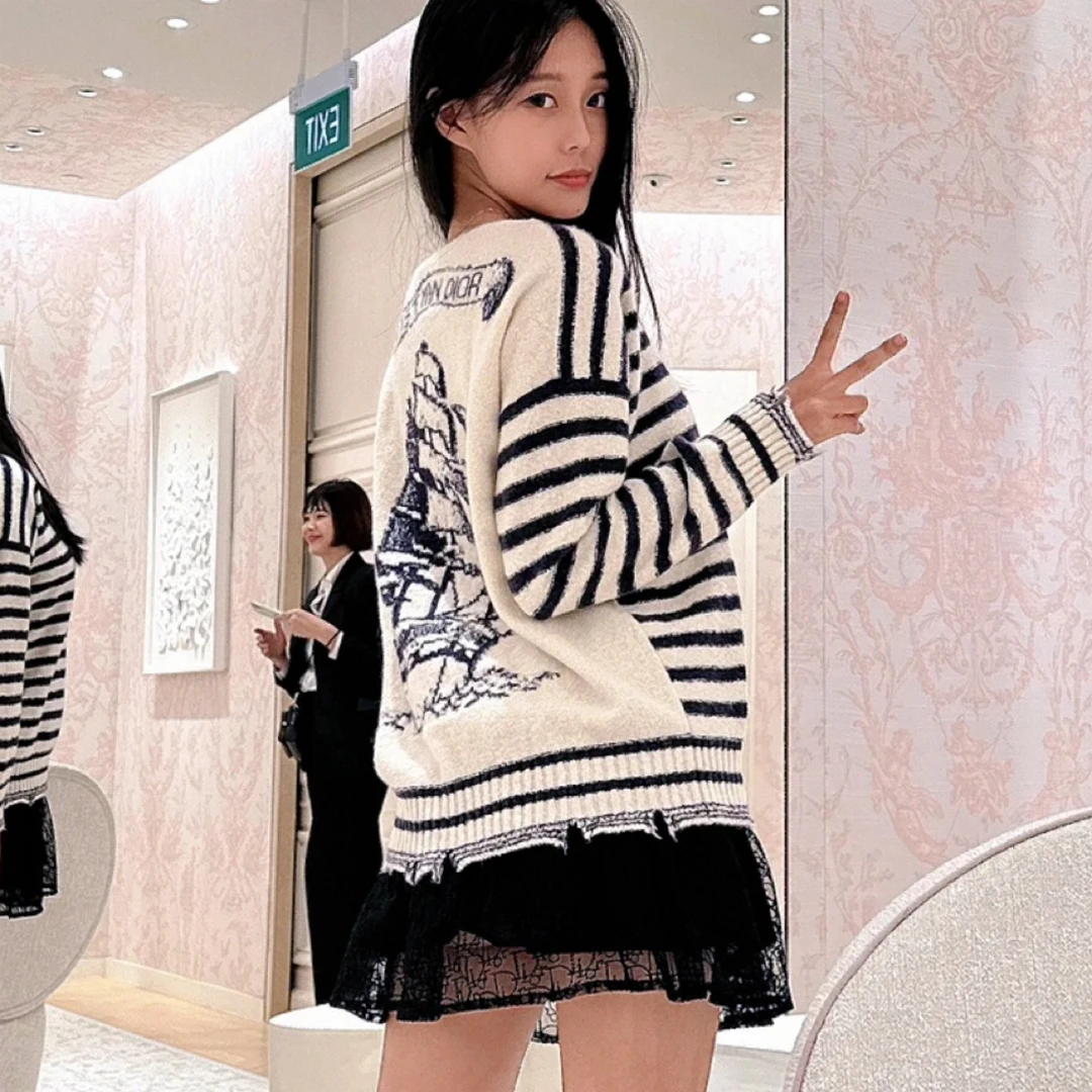 未使用 DIOR/迪奥 条纹字母Logo长袖针织衫 米色/36