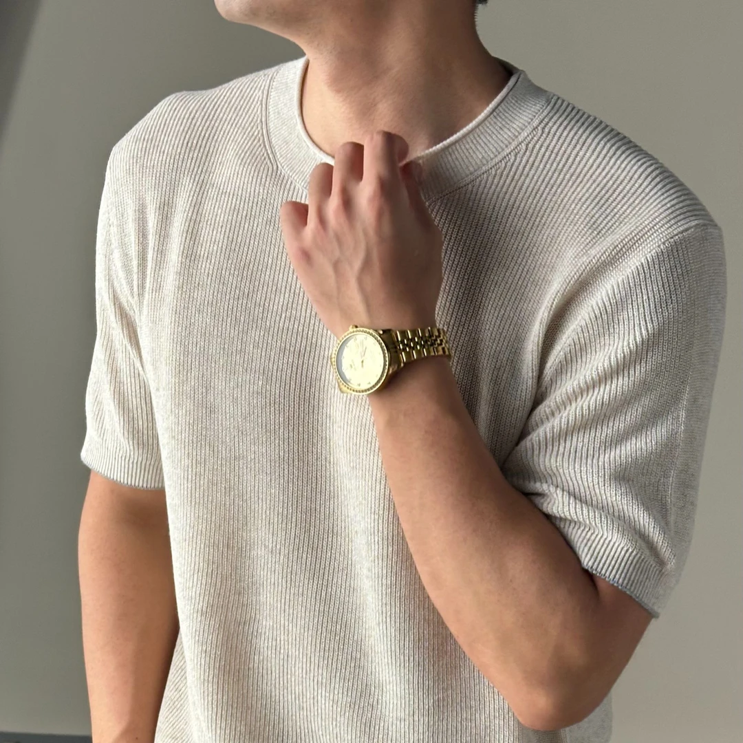 JingyuClothing新款老钱针织亚麻纯色百搭时尚宽松透气圆领T
