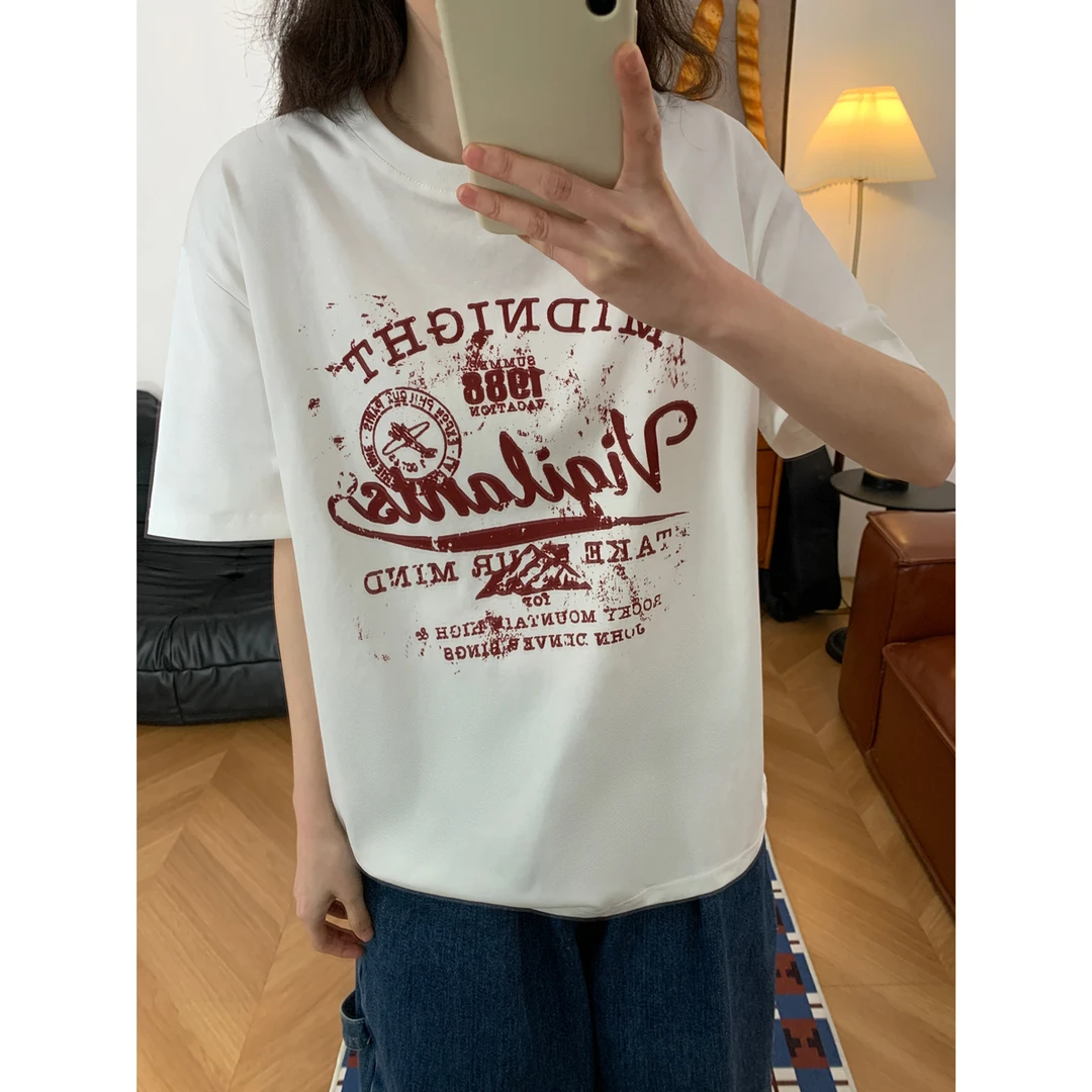 美式复古字母印花基础短袖T恤2025夏季新款小众宽松显瘦百搭上衣