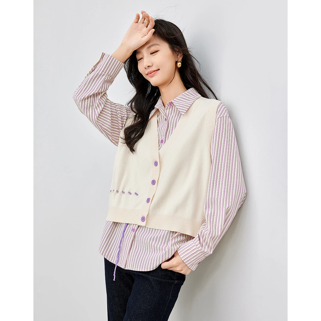 【气质百搭】初语春款宽松条纹衬衫针织马甲2件针织套装女