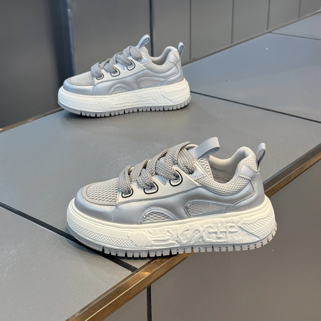 男鞋2025夏季新款时尚百搭厚底低帮板鞋网布透气印花系带休闲鞋潮