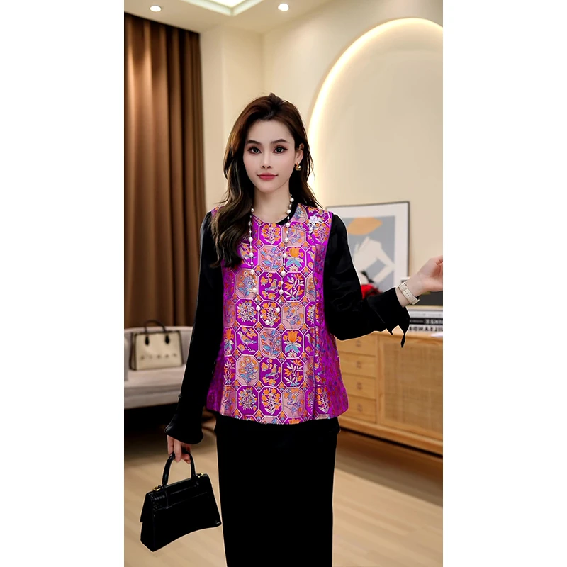 新中式时尚轻奢定制宋锦提花复古唐装中国风圆领宽松显瘦女装马夹