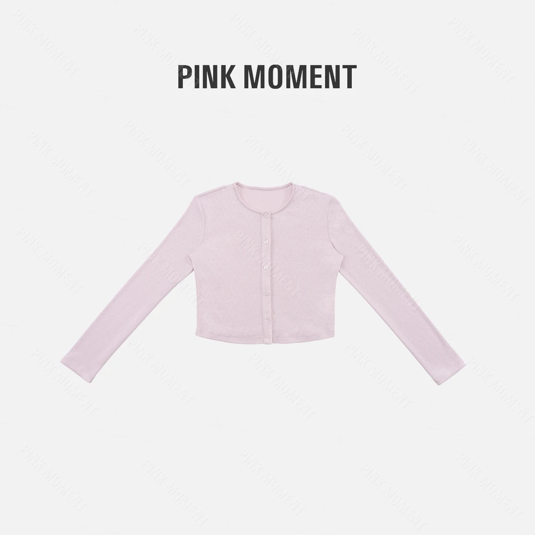 PM王囡囡 粉色圆领楼红花边排扣长袖开衫 ND1C1231