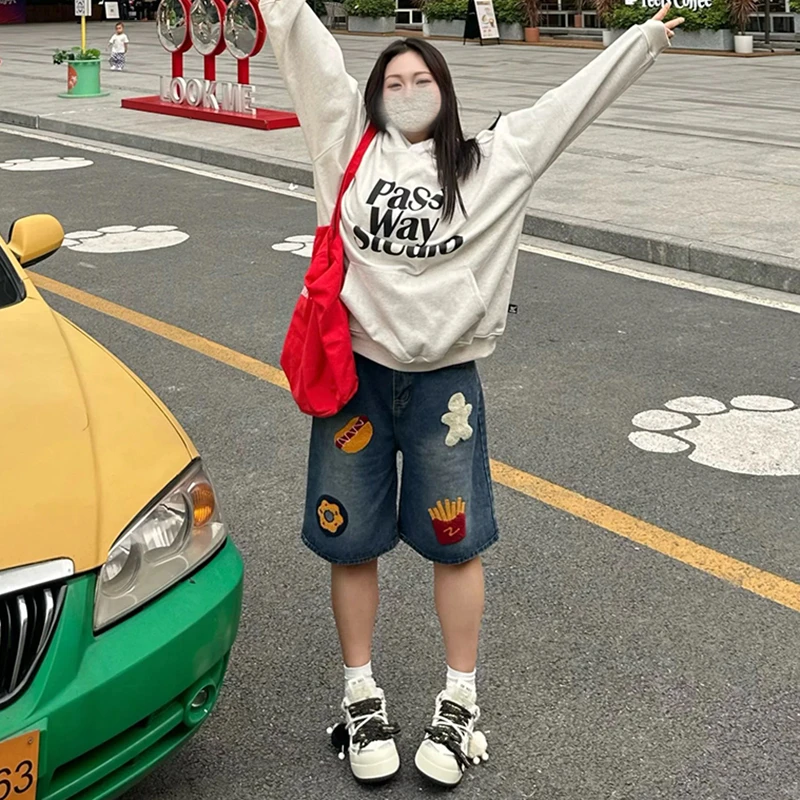 300斤特大码刺绣直筒牛仔短裤女夏季裤子胖mm高腰显瘦阔腿五分裤