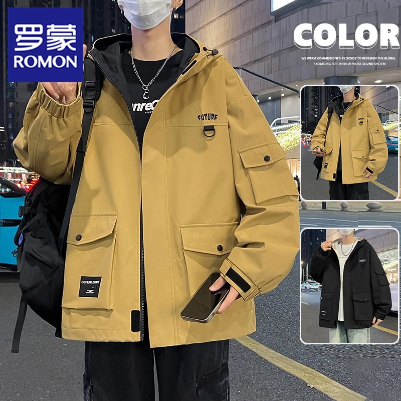 罗蒙潮牌工装夹克男士连帽外套春秋季2025新款休闲百搭多口袋上衣