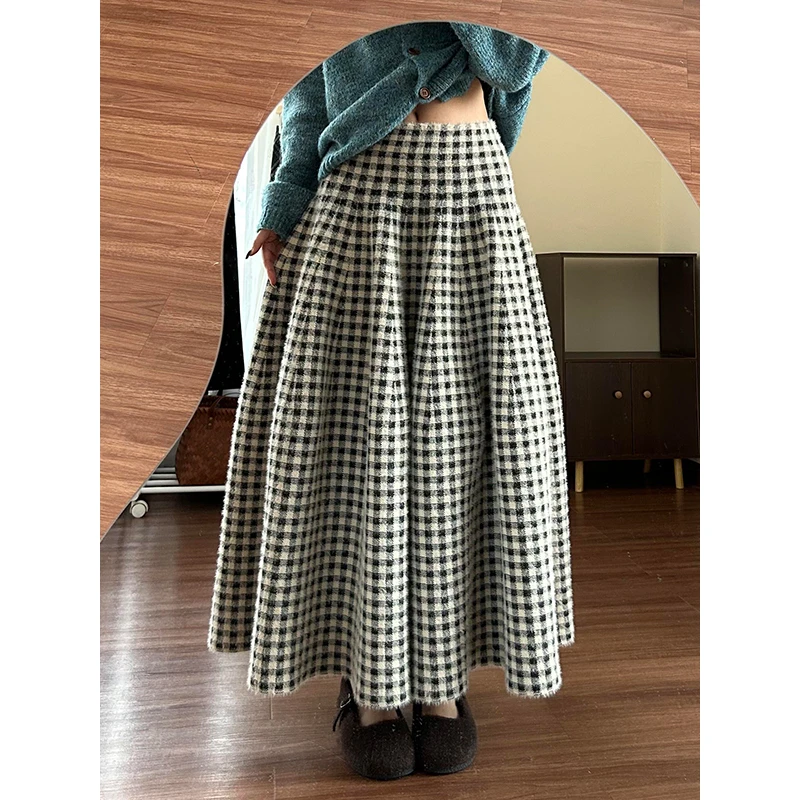 耶古韩系复古格纹a字半身裙女秋冬季新款高腰宽边垂坠感大摆长裙