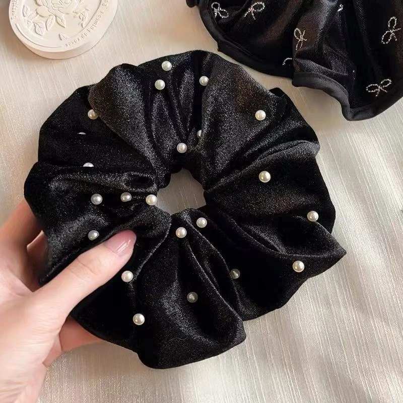 月夜芭蕾丝绒钉珠大肠发圈法式重工设计丸子头绳气质百搭发饰