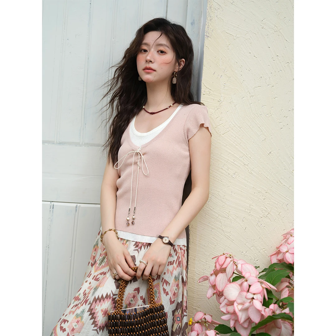 【年中大促】谜秀设计感小众假两件撞色针织衫女2025修身显瘦百搭