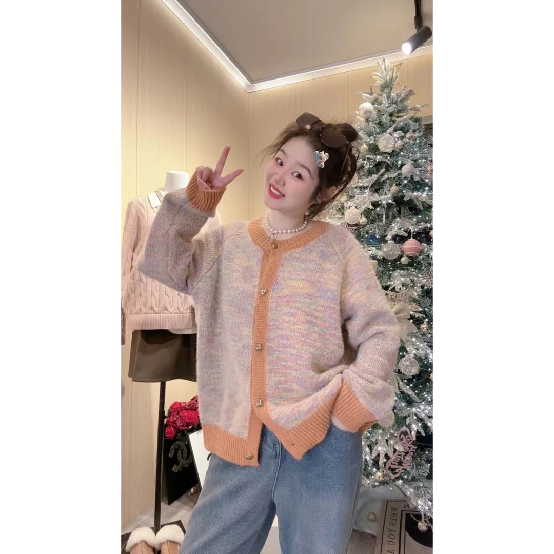 【花纱紫小香风】甜美春游花纱糖果色软糯网红气质爱心扣针织开衫