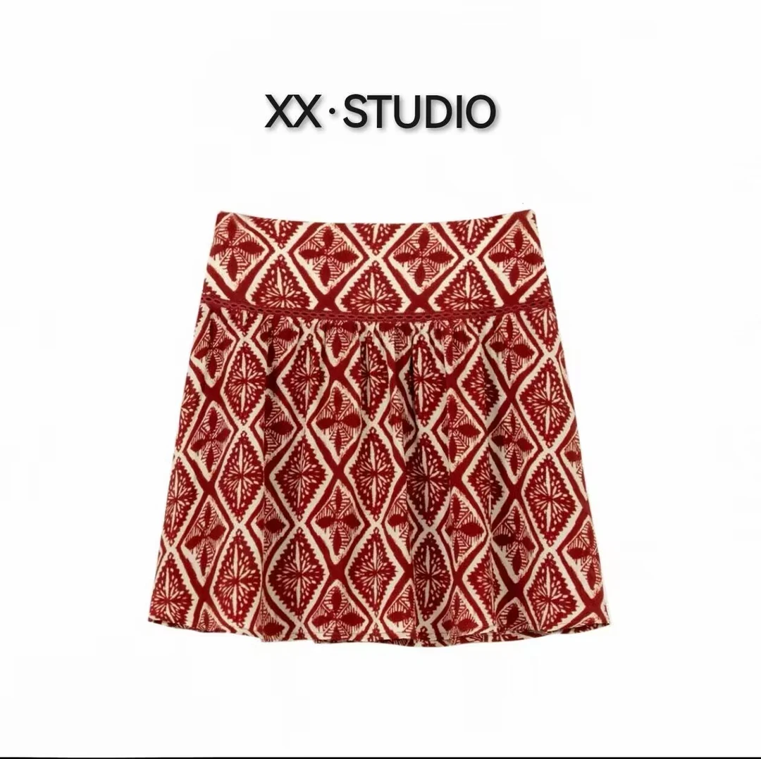 【囍儿】2025S/S新品夏季度假风印花短裙女XX-8103