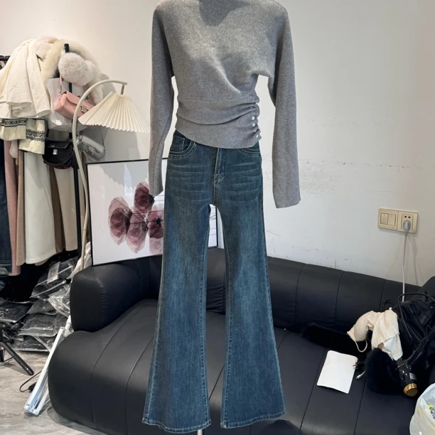 微喇牛仔裤女2025秋冬季设计感高腰显瘦马蹄裤