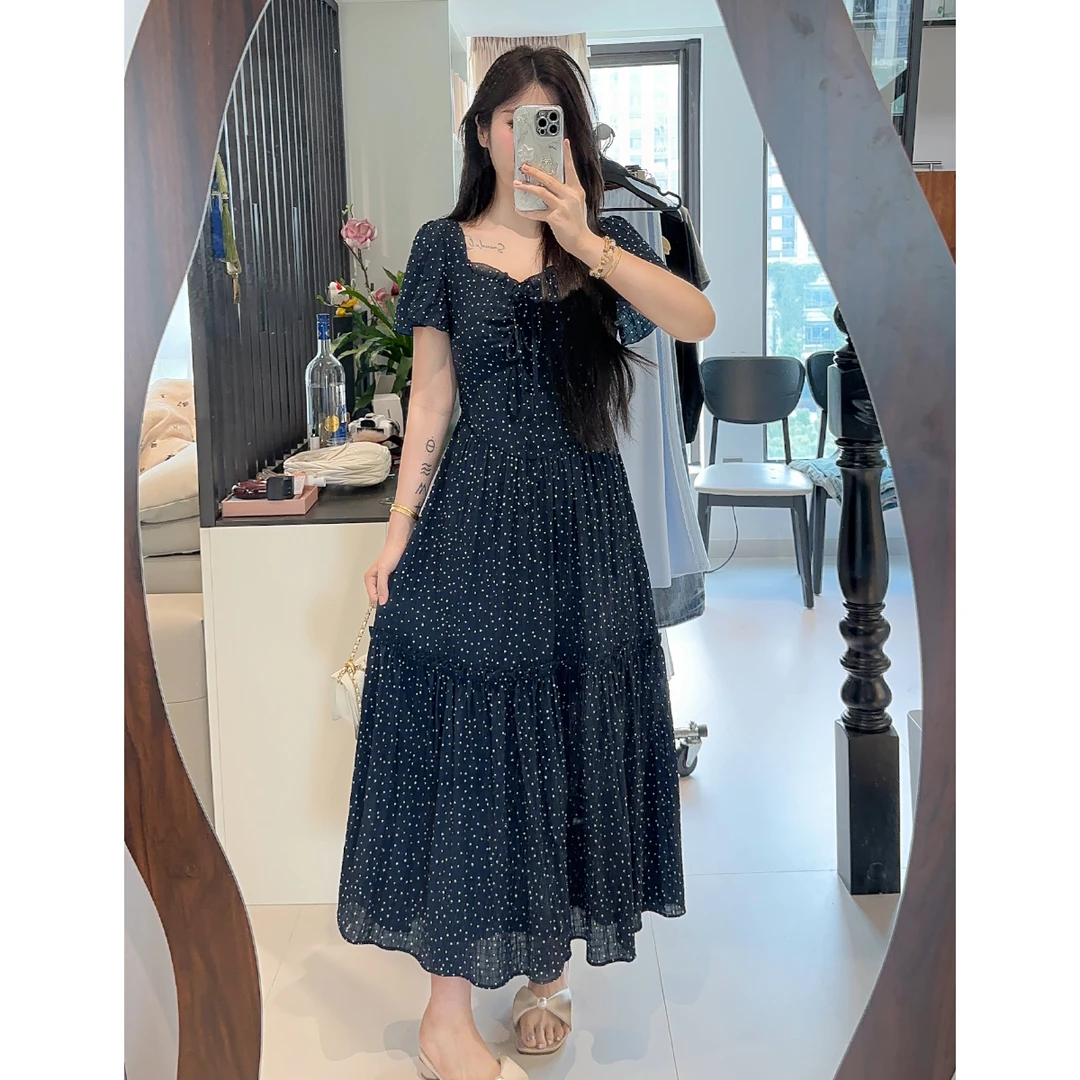 QC李潇洒【星辰海】微胖法式藏蓝爱心波点后背打揽绑带夏显瘦长