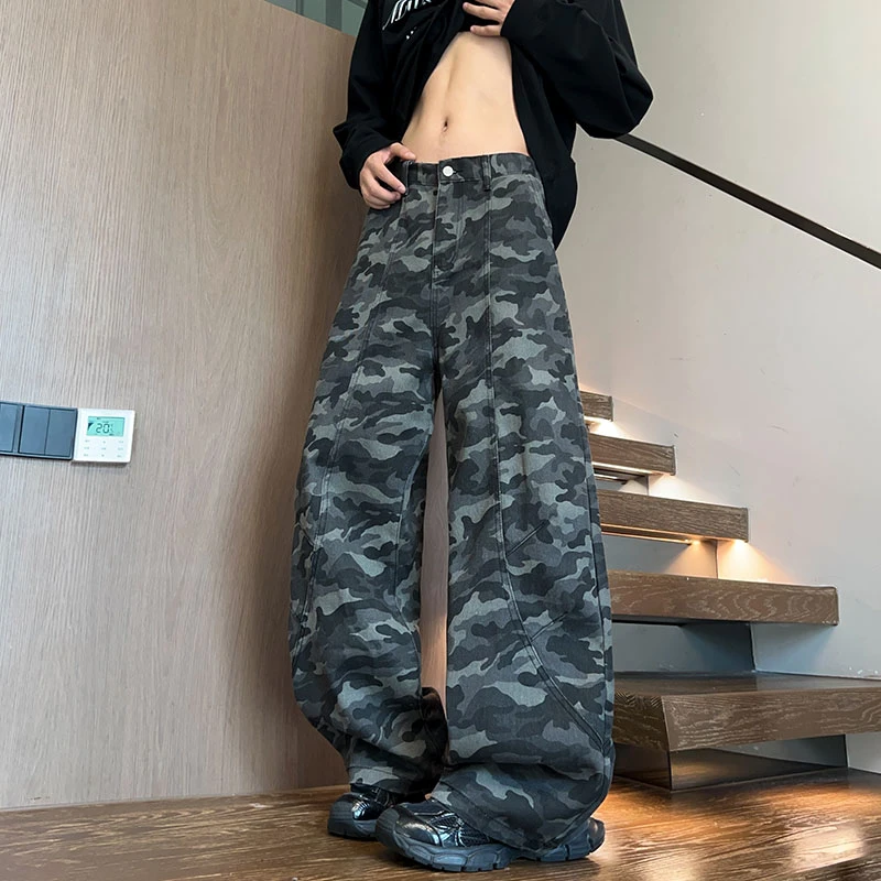 美式cleanfit迷彩弯刀裤男秋季潮牌复古水洗直筒宽松阔腿休闲裤子