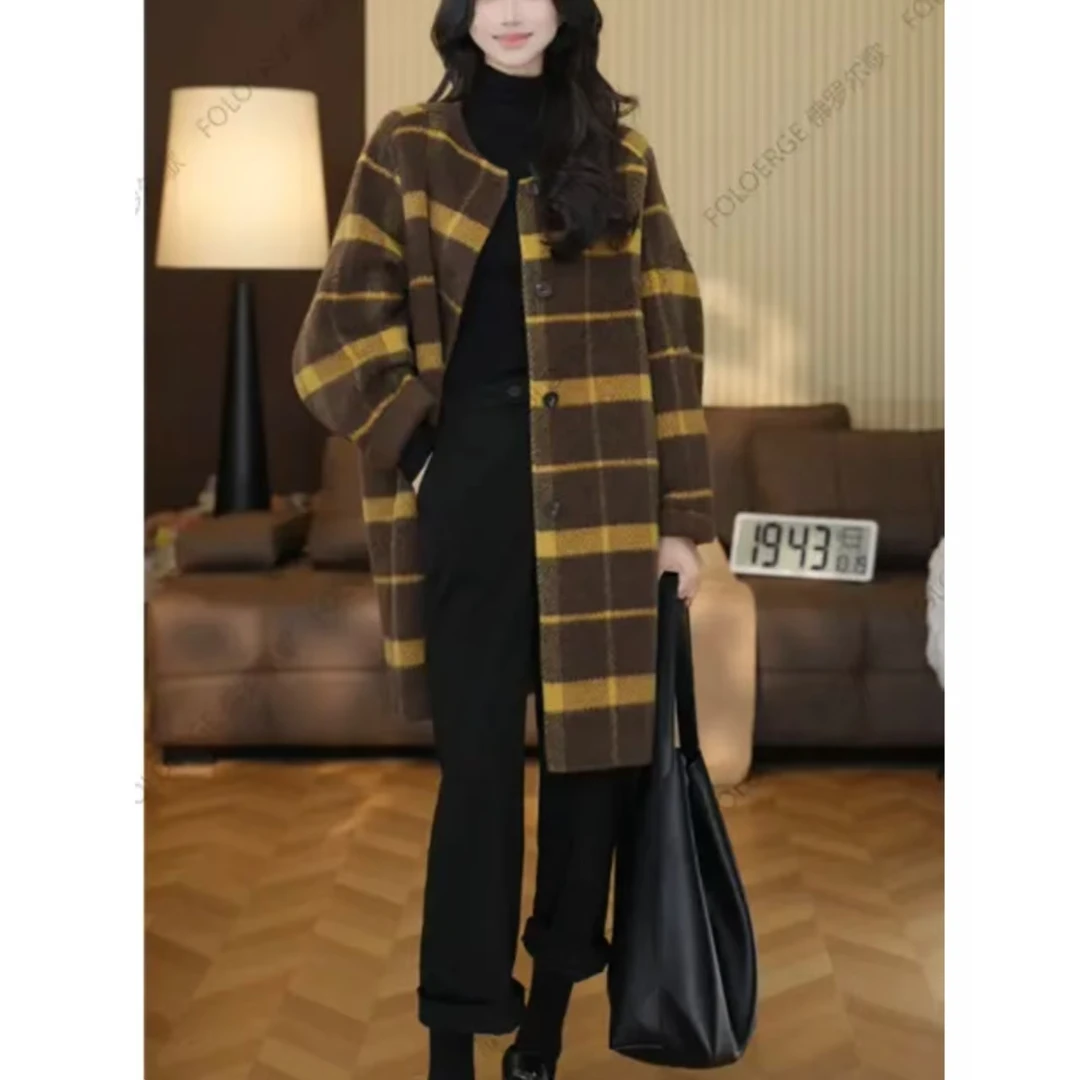 简安外套秋冬毛呢外套长款保暖呢大衣格子宽松型中长款【不含围巾】