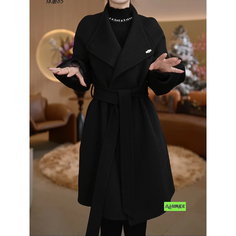 高级韩版洋气中长款毛呢外套2026冬新纯色系带显瘦防寒保暖大衣潮