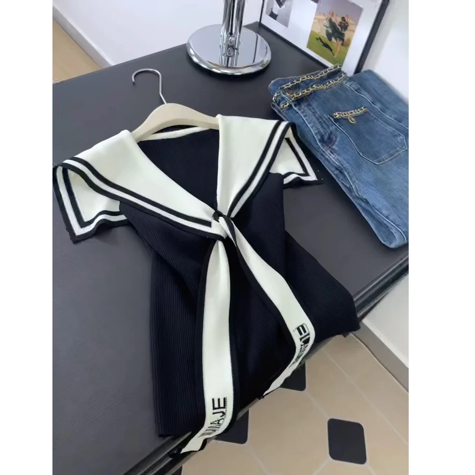撞色海军领v领冰丝针织无袖t恤女夏季修身显瘦假两件披肩背心上衣